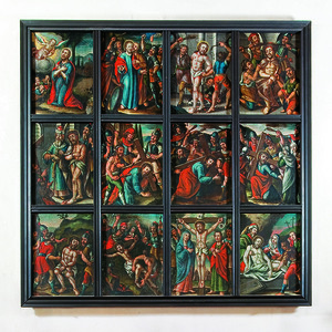 Barocke Bildtafel mit Darstellung von 12 Passionsszenen